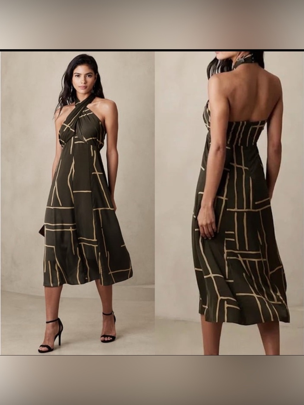 Banana Republic 12P Cross Front Halter Midi Brown Peppercorn Lined Dress NEW